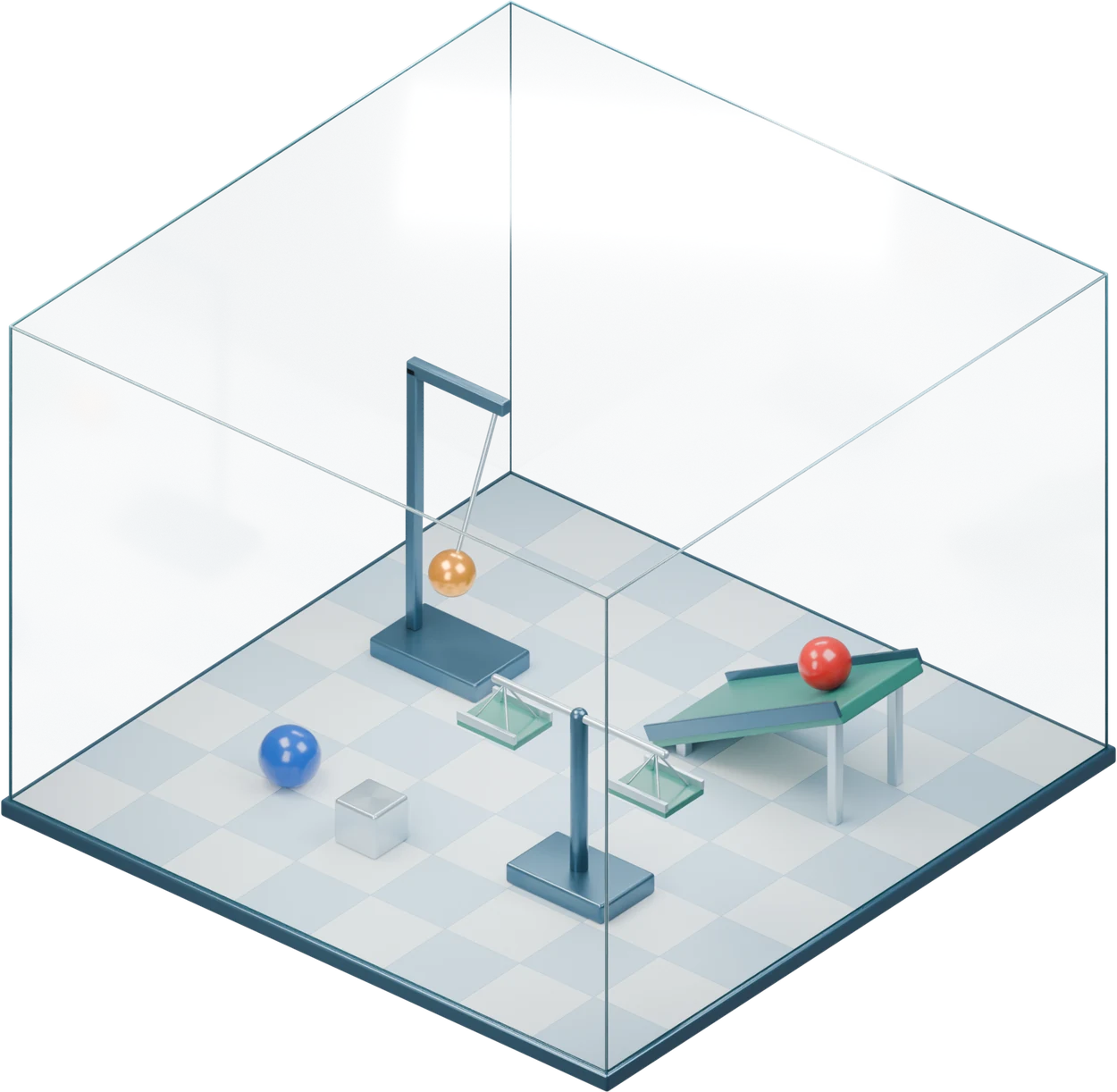 Figure 1: a glass room with a pendulum, balance, red ball and blue ball